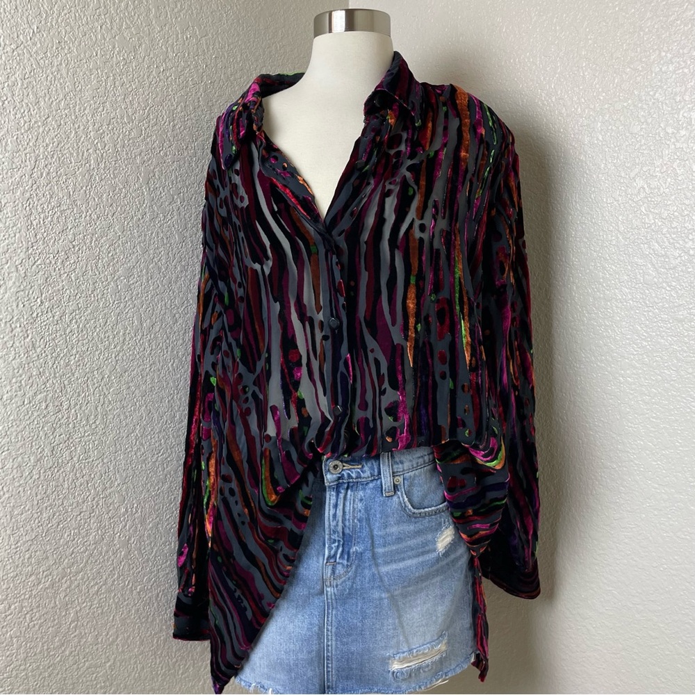 VINTAGE Bob Mackie Wearable Art Sheer Multicolor Silk Velvet Zebra Print Blouse
